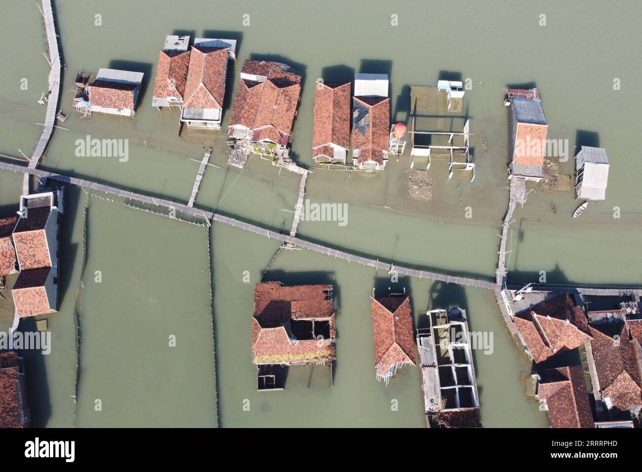 230609 -- DEMAK, le 9 juin 2023 -- cette photo aérienne prise le 8 juin 2023 montre un quartier résidentiel entouré d'eau dans le village de Timbulsloko à Demak, dans le centre de Java, en Indonésie. L ' élévation du niveau de la mer et l ' affaissement de la surface terrestre ont fait que certains villages étaient entourés d ' eau de mer. Photo de /Xinhua INDONESIA-DEMAK-VILLAGE QUI COULE AdityaxIrawan PUBLICATIONxNOTxINxCHN Banque D'Images