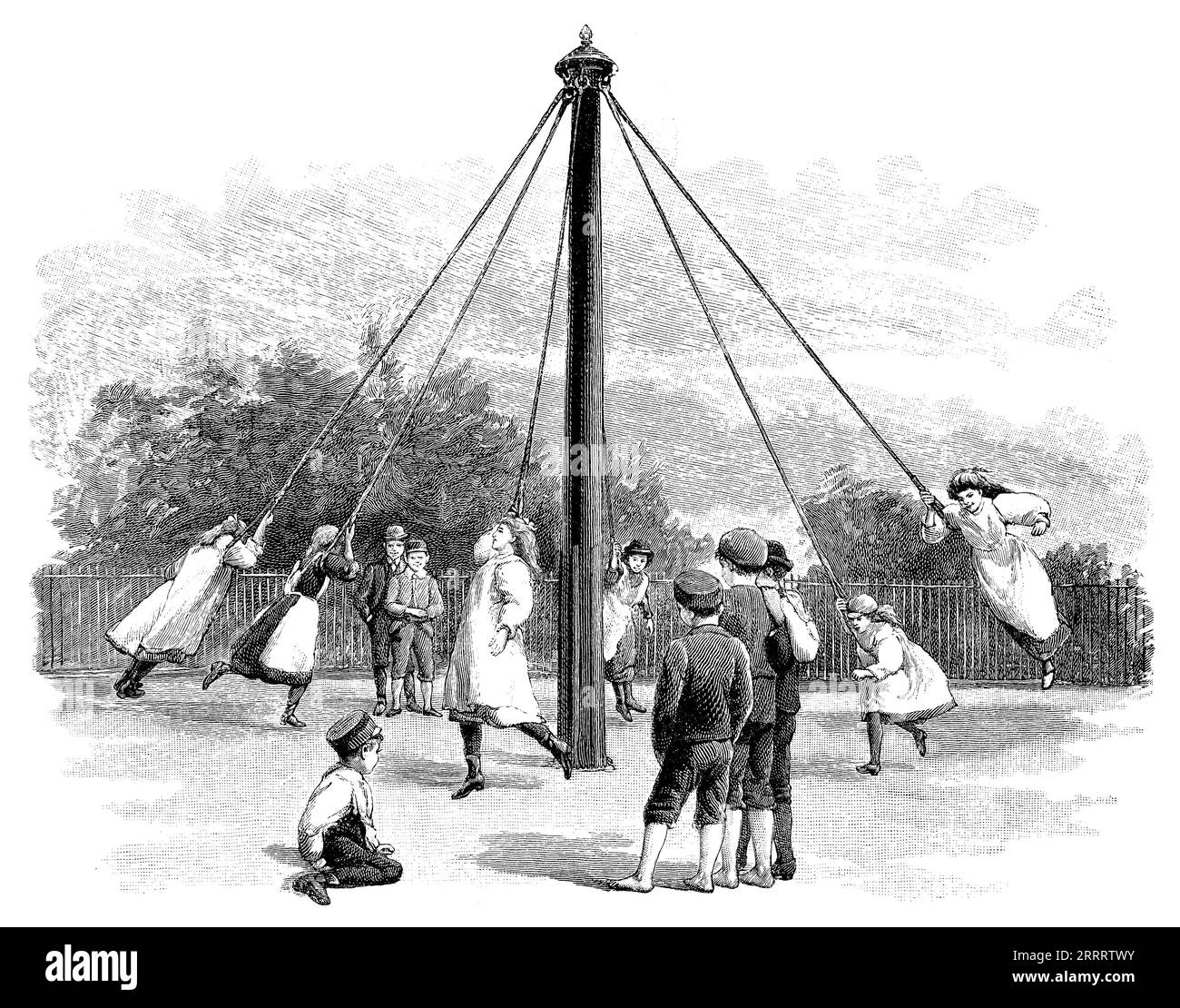 1902 gravure d'enfants jouant sur un rond-point. Titre de l'illustration ; la foulée géante. Banque D'Images