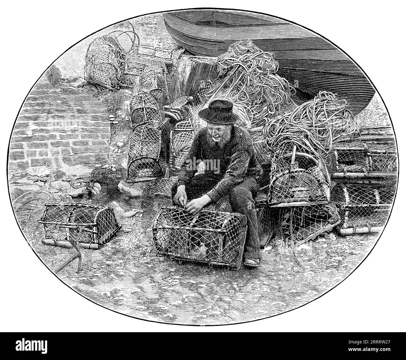 gravure vintage 1902 d'un pêcheur réparant des pots de homard. Banque D'Images