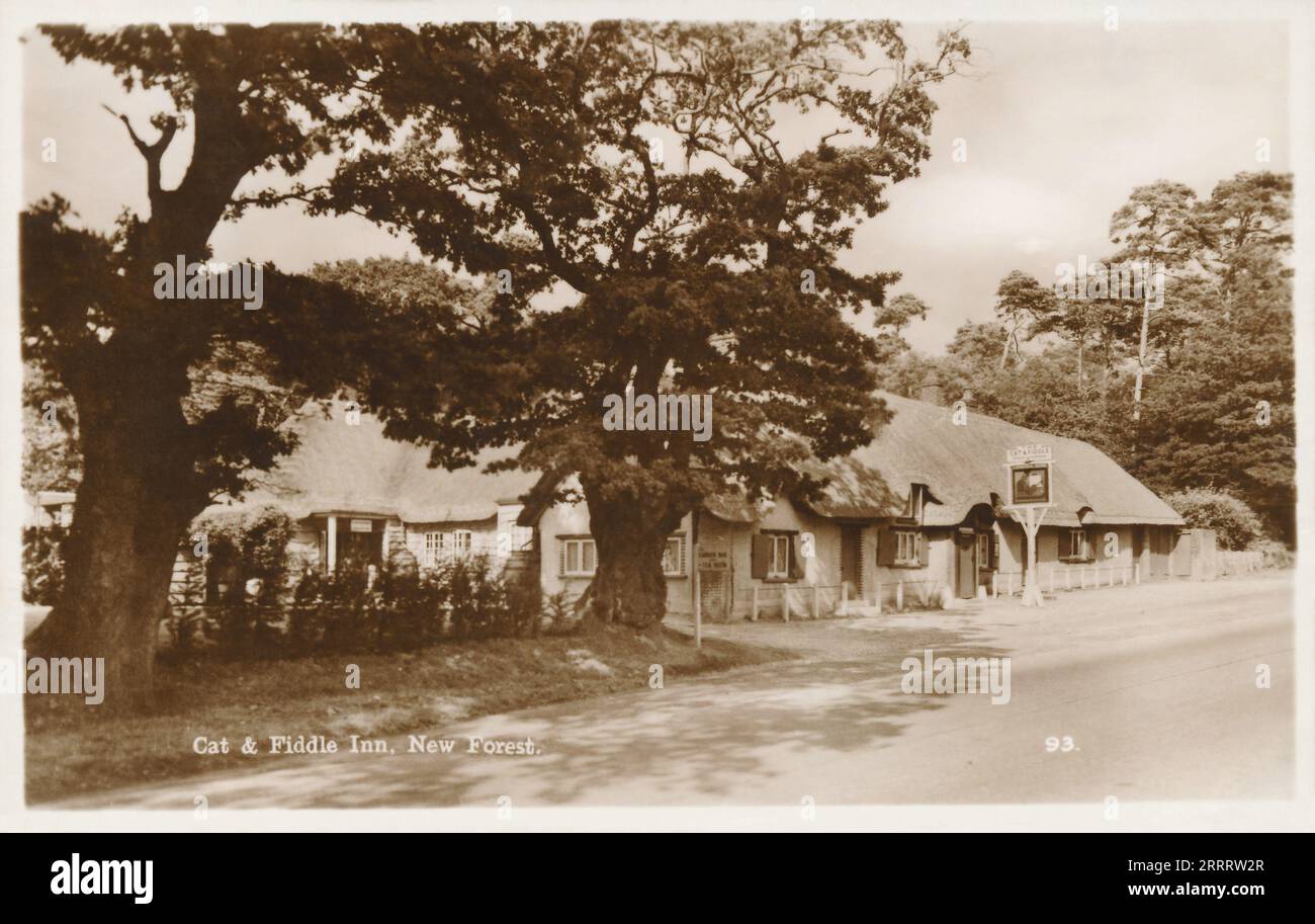 Carte postale vintage du Cat and Fiddle Inn dans la New Forest dans le Hampshire, Angleterre. Banque D'Images