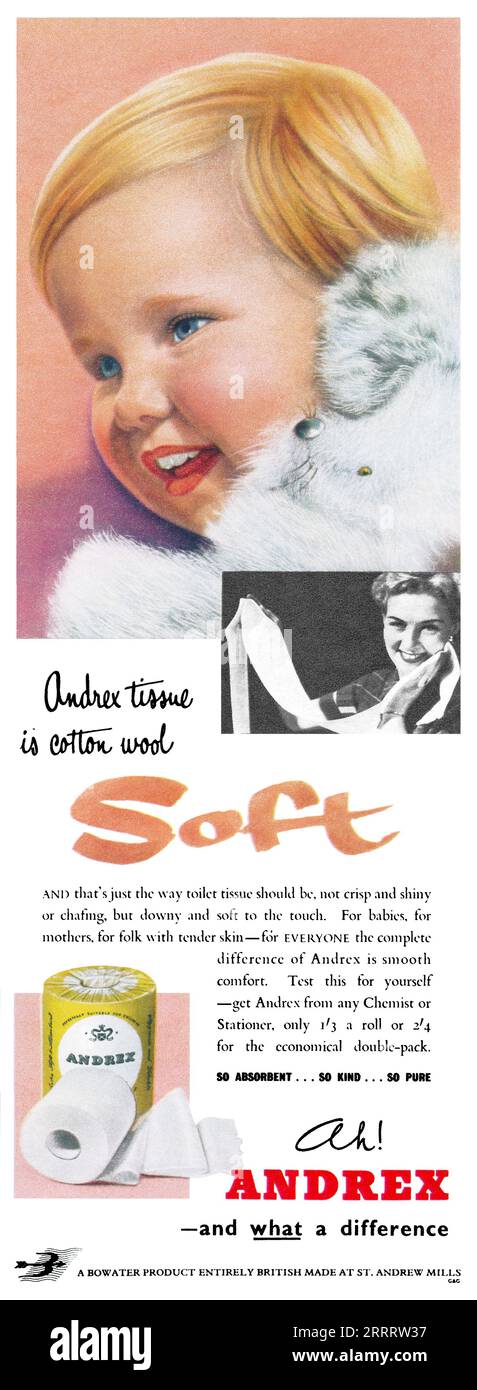 1955 Publicité britannique pour le papier toilette Andrex par Bowater. Banque D'Images