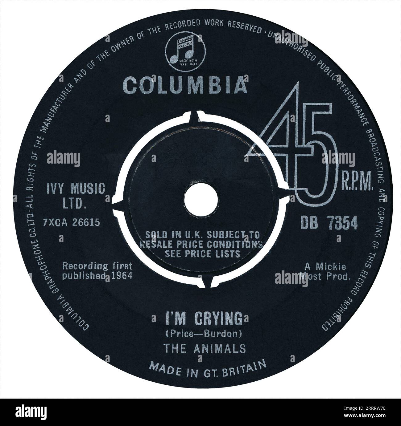 45 RPM 7' label britannique de I'm Crying by the Animals sur le label Columbia de 1964. Écrit par Alan Price et Eric Burdon et produit par Mickie Most. Banque D'Images