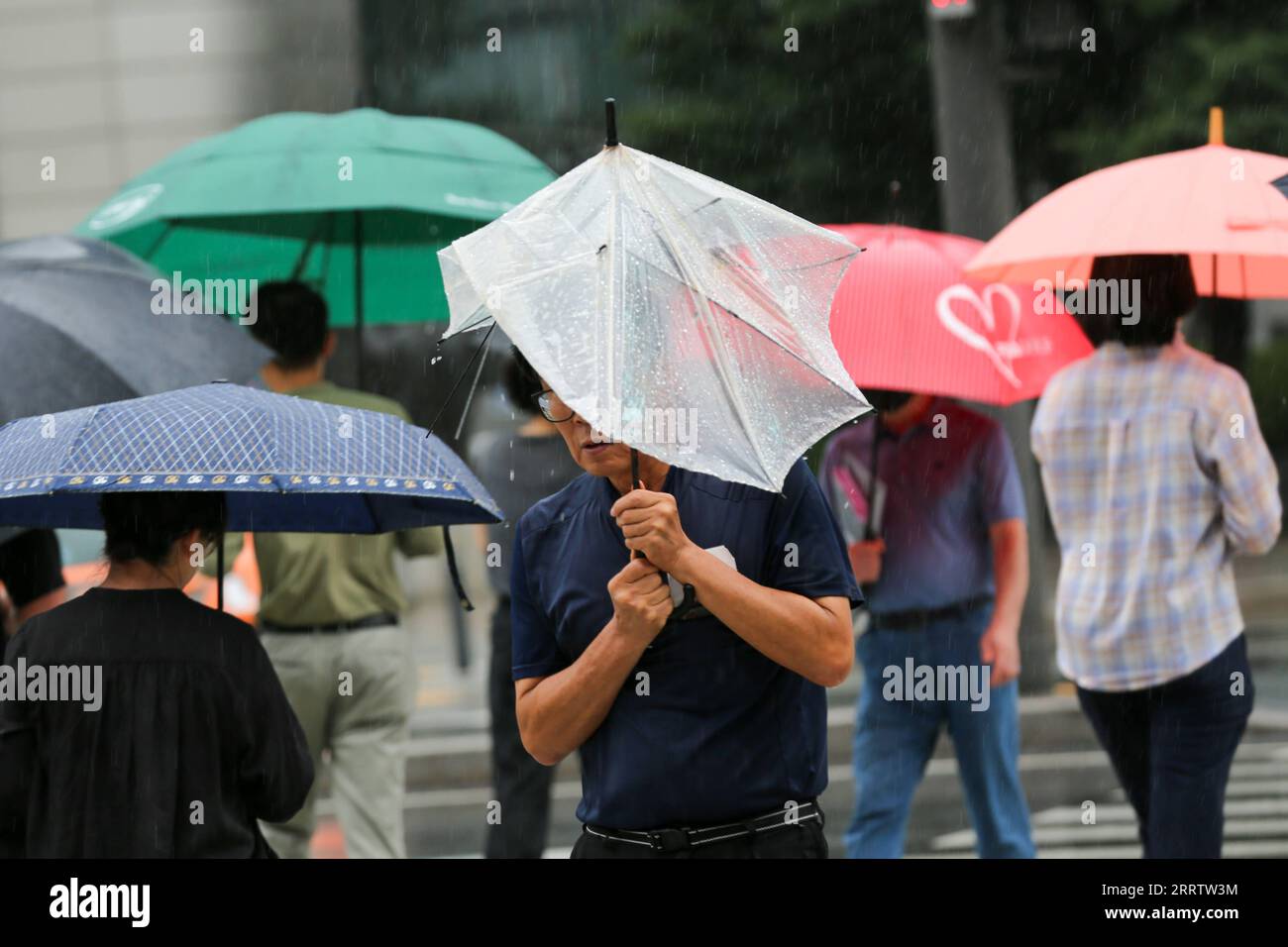 230810 -- SÉOUL, 10 août 2023 -- des gens marchent dans une rue sous la pluie du typhon Khanun à Séoul, Corée du Sud, le 10 août 2023. Le typhon Khanun a apporté un vent puissant et de fortes pluies dans certaines parties de la Corée du Sud. CORÉE DU SUD-SÉOUL-TYPHON KHANUN-FORTES PRÉCIPITATIONS WANGXYILIANG PUBLICATIONXNOTXINXCHN Banque D'Images