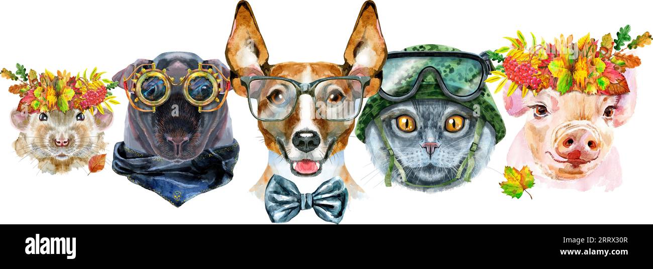 Bordure pour animaux de compagnie. Dessin aquarelle peint à la main, isoler clip art sur fond blanc. Conception de bannière Banque D'Images