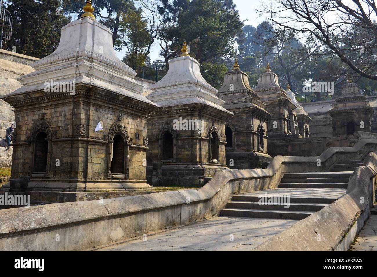 Escalier menant à la partie supérieure de la grappe du temple Pashupatinath, un grand complexe de temples hindous dédié à Shiva sur les rives de la rivière Bagmati. Banque D'Images
