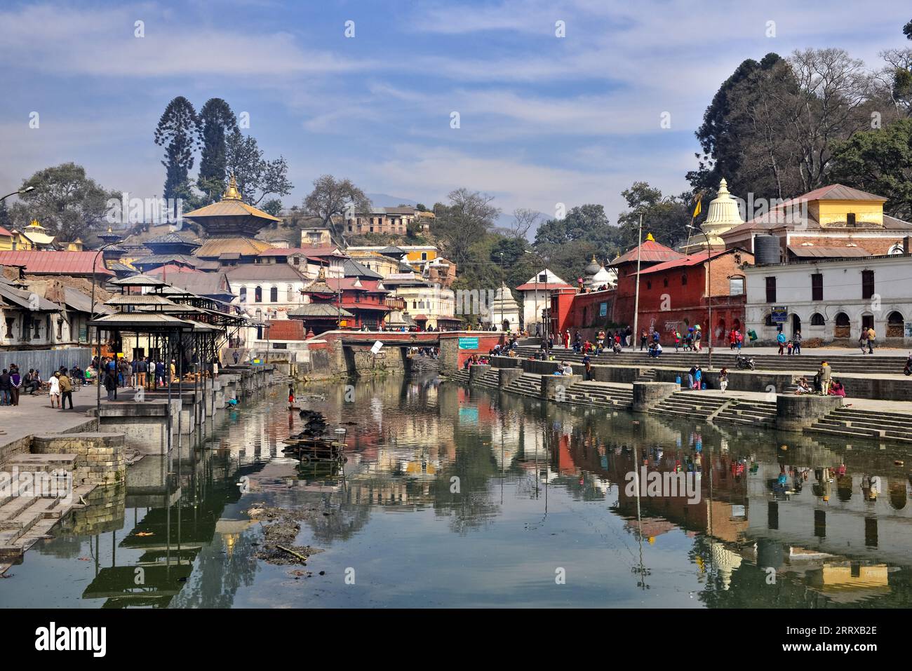 Pashupatinath Temple, un grand complexe de temples hindous dédié à Shiva sur les rives de la rivière Bagmati. Les corps alignés le long de la rive gauche attendent la crémation Banque D'Images