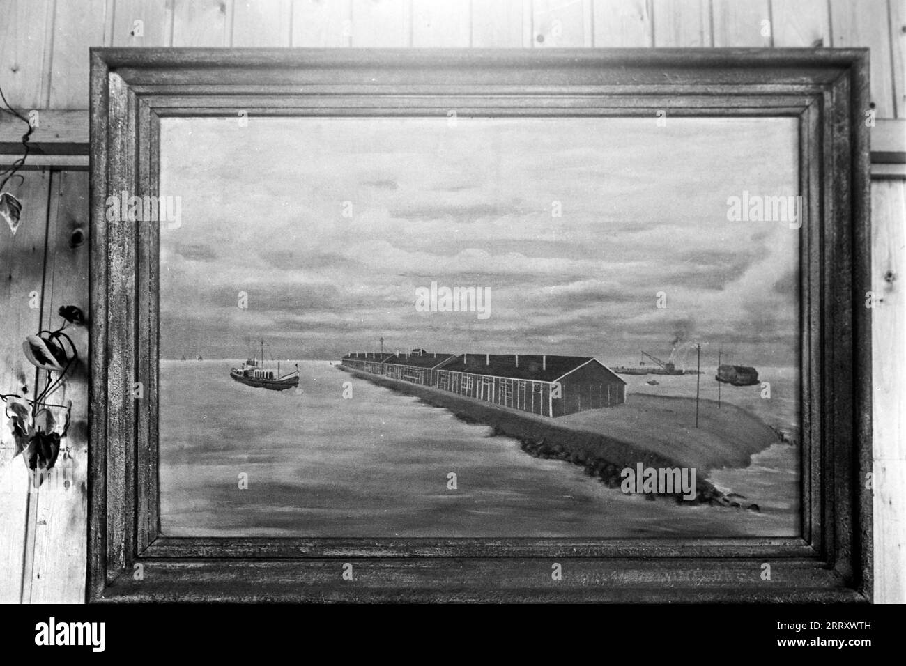 Gemälde der ersten Gebäude von Lelystadhaven, 1955. Peinture des premiers bâtiments de Lelystadhaven, 1955. Banque D'Images