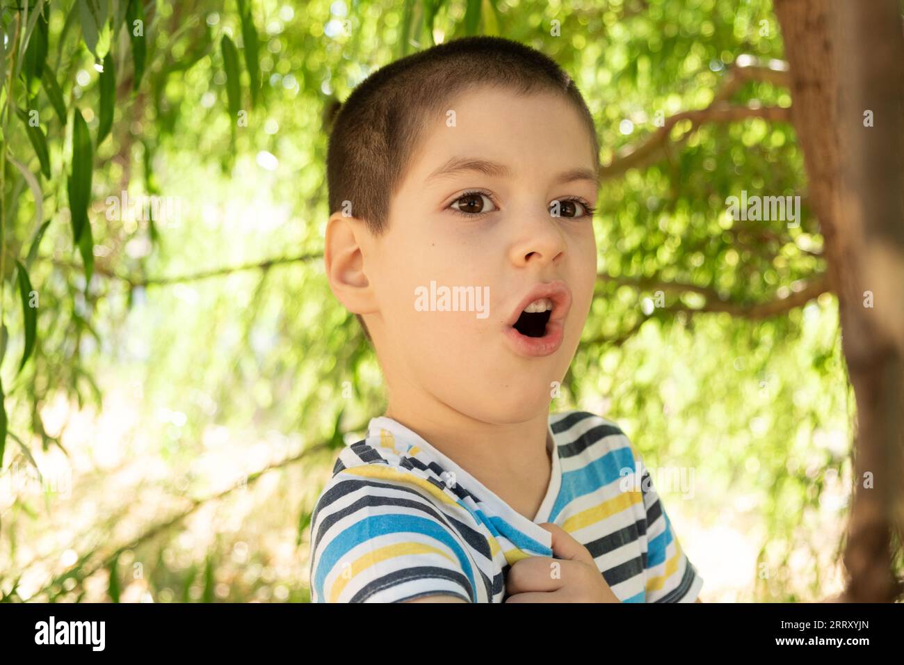 Portrait d'un beau garçon de six ans dans un t-shirt rayé dans la nature, un endroit pour le texte à copier l'espace Banque D'Images