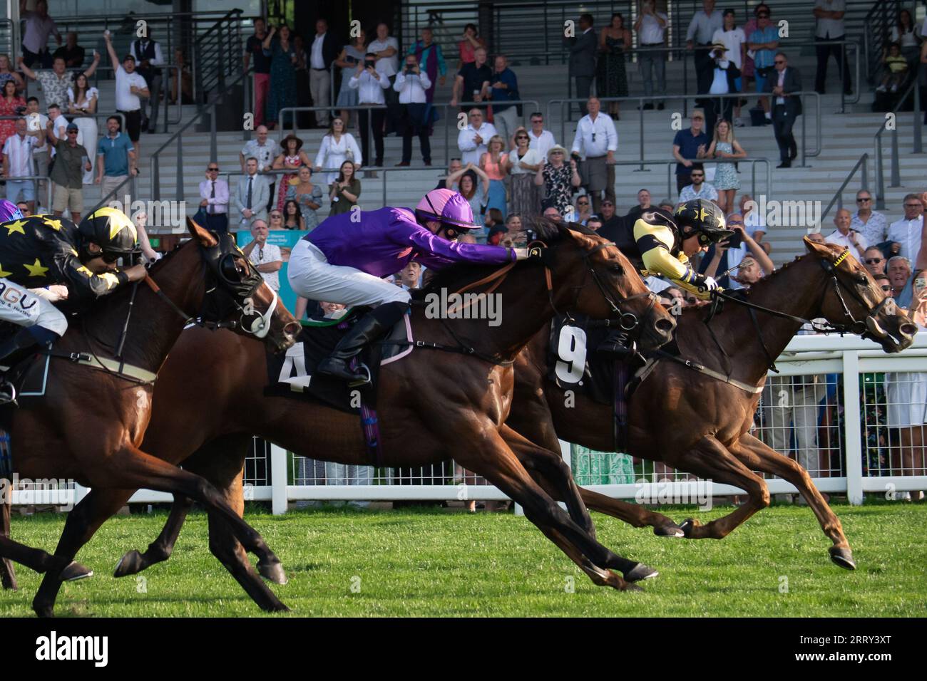 Ascot, Berkshire, Royaume-Uni. 9 septembre 2023. Horse Call Me Ginger monté par le jockey amie Waugh (soies noires avec étoiles jaunes) remporte le National Racehorse week handicap Stakes à l'hippodrome d'Ascot. Propriétaire Johnnie Delta Racing. Entraîneur Jim Jim Goldie, Glasgow. Crédit : Maureen McLean/Alamy Live News Banque D'Images