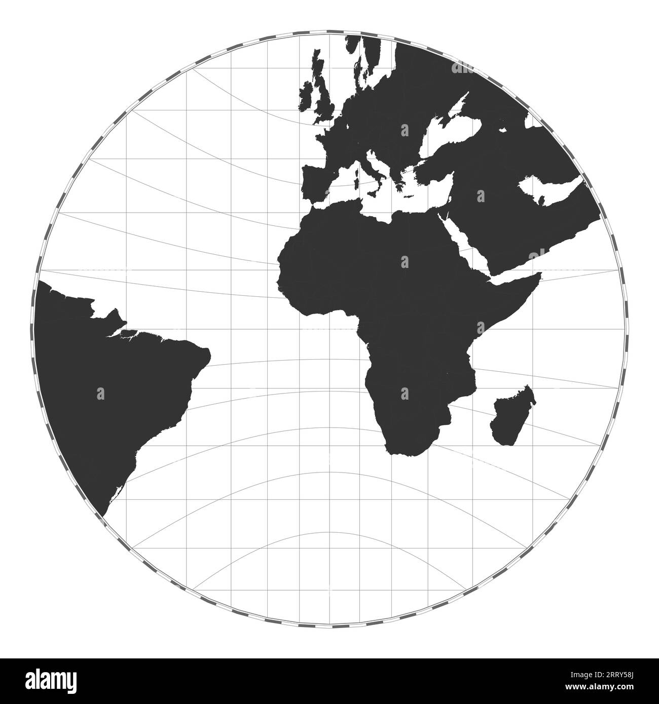 Carte du monde vectorielle. Projection gnomonique. Carte géographique du monde simple avec des lignes de latitude et de longitude. Centré sur une longitude de 0 degrés. Illustration vectorielle Illustration de Vecteur