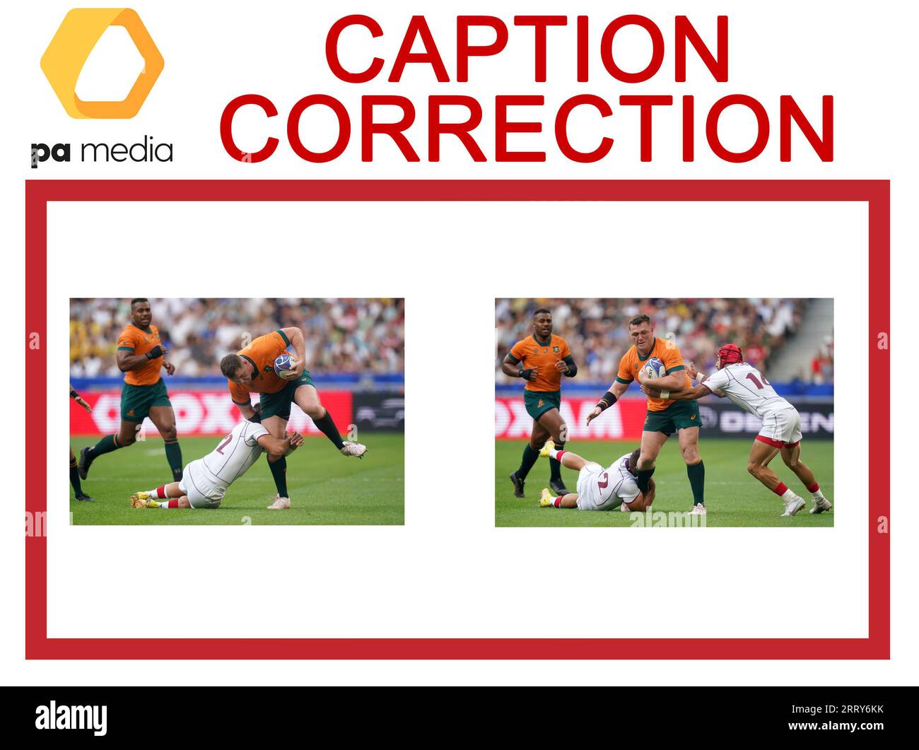 ATTENTION AUX ÉDITEURS D'IMAGES, aux CHEFS SUBS ET AUX BIBLIOTHÉCAIRES D'IMAGES : correction de légende pour les images transmises sur le câble PA le 09/09/23 slugged RUGBYU World Cup Australie correction du nom de l'australien David Porecki à Angus Bell l'australien la légende correcte devrait se lire comme suit : l'australien Angus Bell (à droite) est attaqué par le géorgien Merab Sharikadze (à gauche) lors du match de la coupe du monde de rugby à XV 2023 dans la poule C au Stade de France, à Paris. Date de la photo : Samedi 9 septembre 2023. Banque D'Images