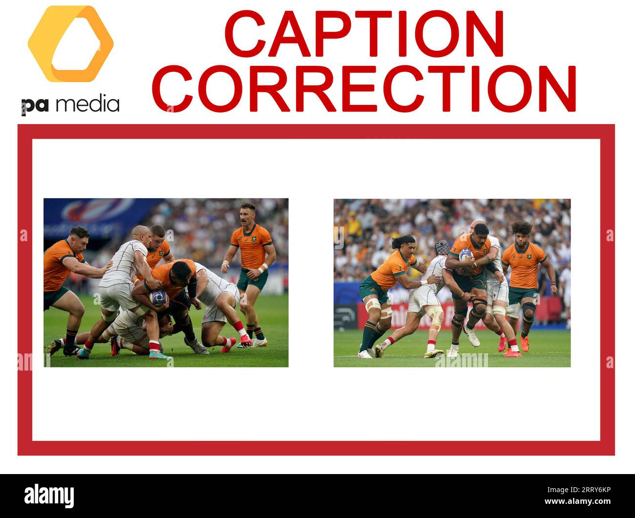 ATTENTION AUX ÉDITEURS D'IMAGES, CHEFS SUBS ET BIBLIOTHÉCAIRES D'IMAGES : correction de légende pour les images transmises sur le câble PA le 09/09/23 slugged RUGBYU World Cup Australie correction du nom de l'australien Tom Hooper à l'australien Will Skelton la légende correcte devrait se lire comme suit : l'australien Will Skelton est affronté lors du match de la coupe du monde de rugby 2023 dans la poule C au Stade de France, à Paris. Date de la photo : Samedi 9 septembre 2023. Banque D'Images