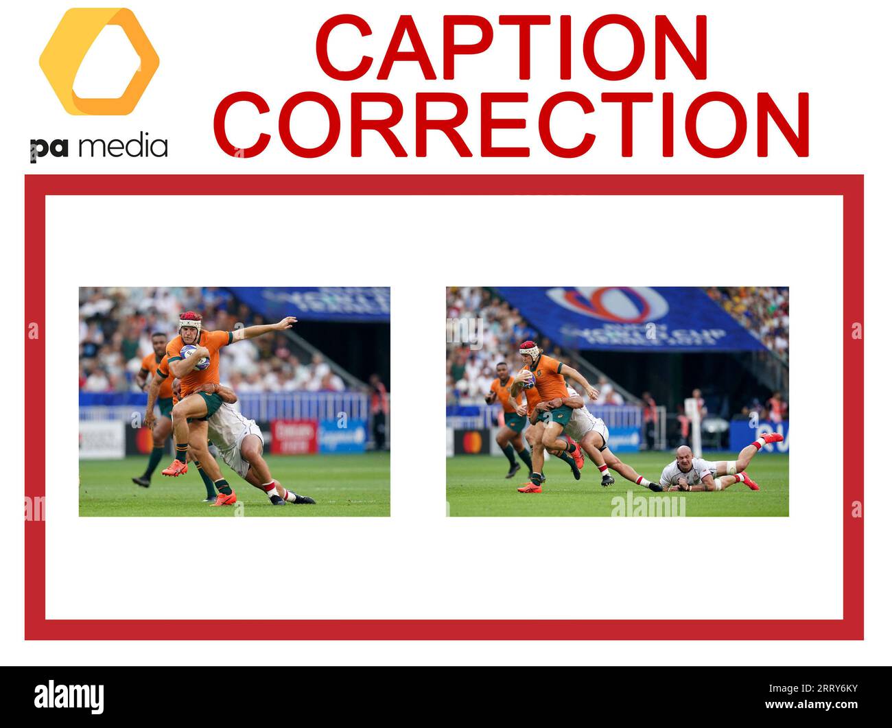 ATTENTION AUX ÉDITEURS D'IMAGES, aux CHEFS SUBS ET AUX BIBLIOTHÉCAIRES D'IMAGES : correction de légende pour les images transmises sur le câble PA le 09/09/23 slugged RUGBYU World Cup Australie correction du nom de l'australien Rob Valetini à l'australien Fraser McReight la légende correcte devrait se lire comme suit : l'australien Fraser McReight (à gauche) est attaqué par le géorgien Nika Abuladze lors du match de la coupe du monde de rugby à XV 2023 dans la poule C au Stade de France, à Paris. Date de la photo : Samedi 9 septembre 2023. Banque D'Images