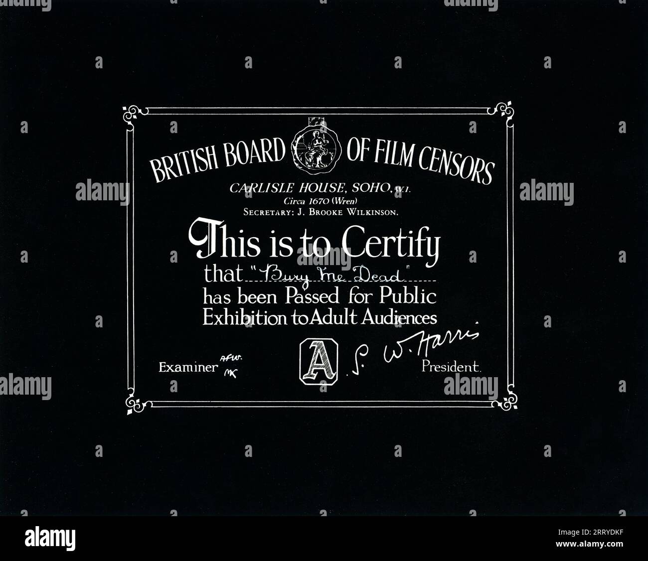 British Board of film Censors carte de censure pour la sortie britannique de CATHY O'DONNELL JUNE LOCKHART et HUGH BEAUMONT dans BURY ME DEAD 1947 réalisateur BERNARD VORHAUS de la pièce radiophonique d'Irene Winston Cinématographe John Alton Ben Stoloff Productions / Producers Releasing Corporation (PRC) - Eagle-Lion films (US) - Pathe Pictures Ltd (ROYAUME-UNI) Banque D'Images