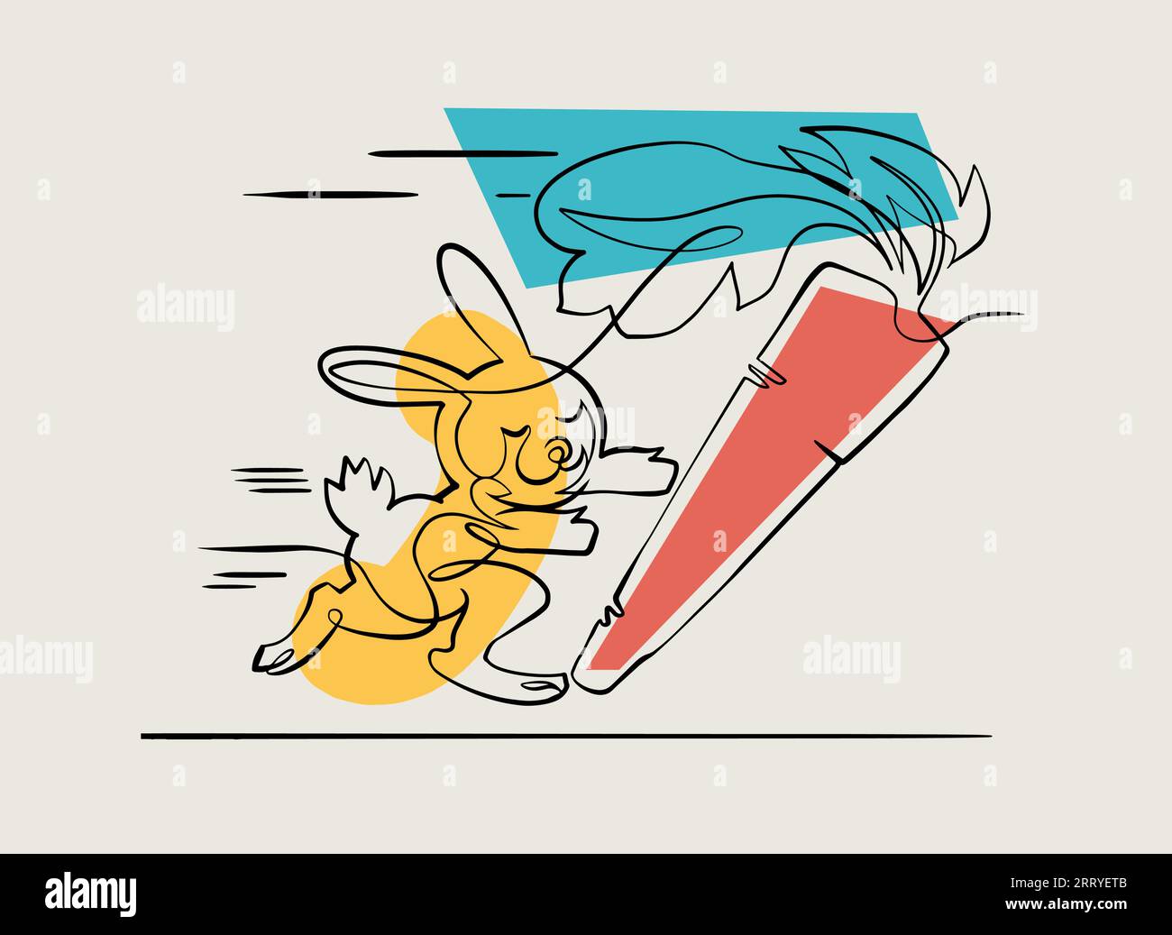 Lapin jaune chassant une carotte géante, vecteur d'une ligne Illustration de Vecteur
