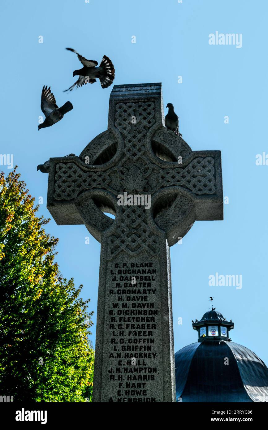 Oiseaux volant au-dessus de la croix du cénotaphe celtique. Banque D'Images