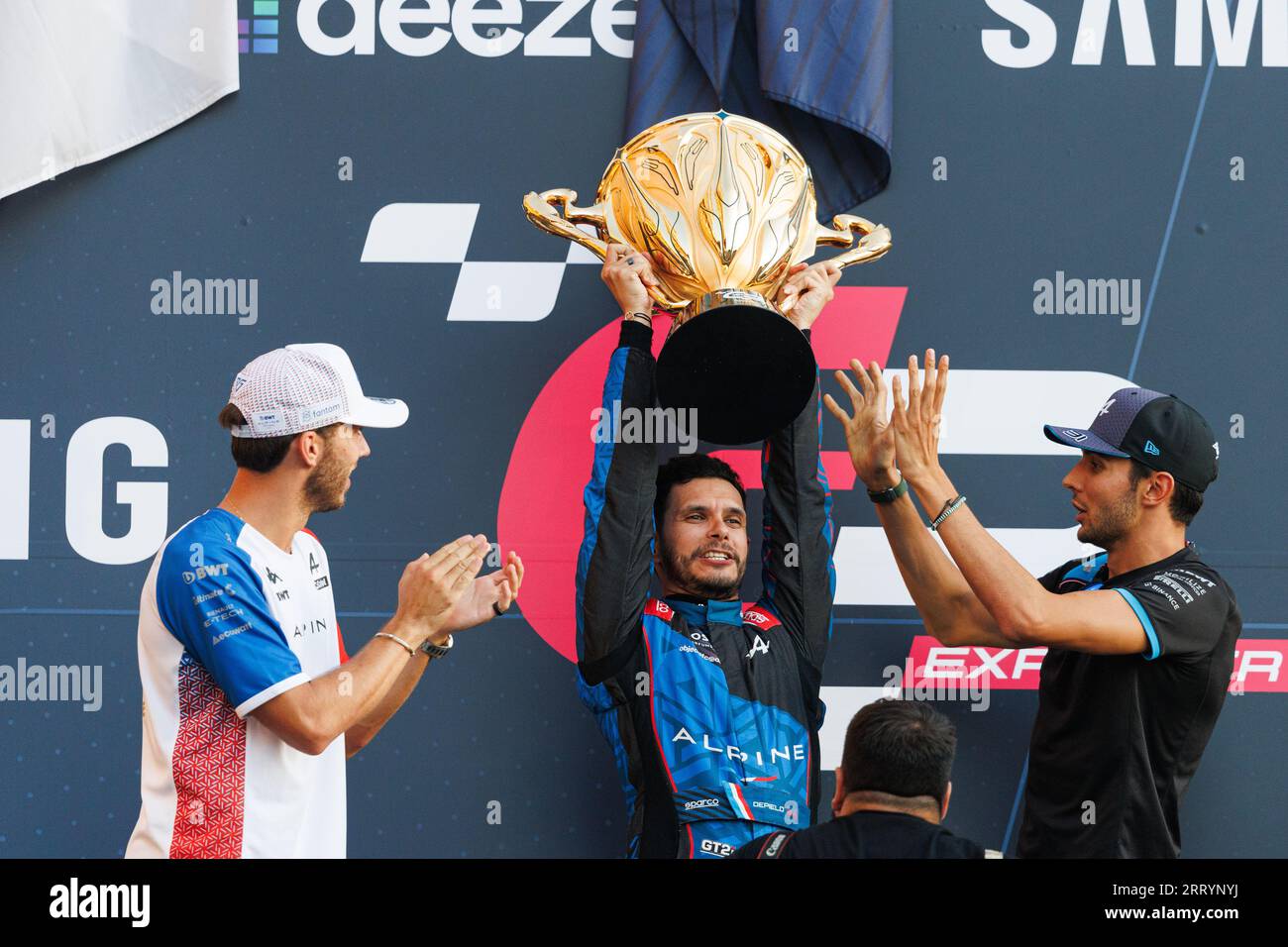 Esteban Ocon, Pierre Gasly, Depielo, Alpine, podium portrait lors du GP Explorer 20023 au Mans, France le 9 septembre - photo : Clément Luck/DPPI crédit : DPPI Media/Alamy Live News Banque D'Images