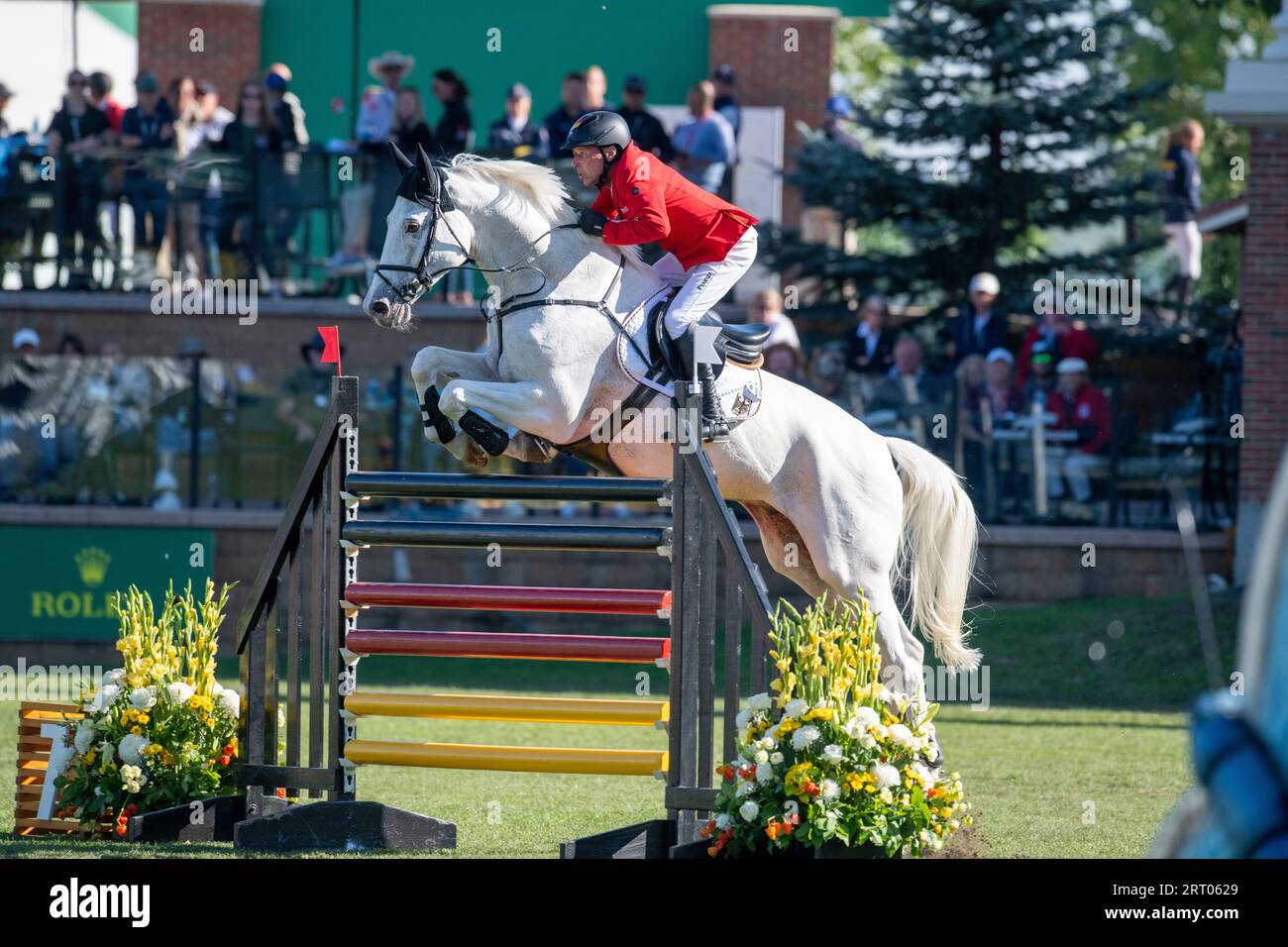 Calgary, Alberta, Canada, 9 septembre 2023. Hans-Dieter Dreher (GER) sur Elysium, Spruce Meadows - coupe des nations BMO, 2e tour - crédit : Peter Llewellyn/Alamy Live News Banque D'Images