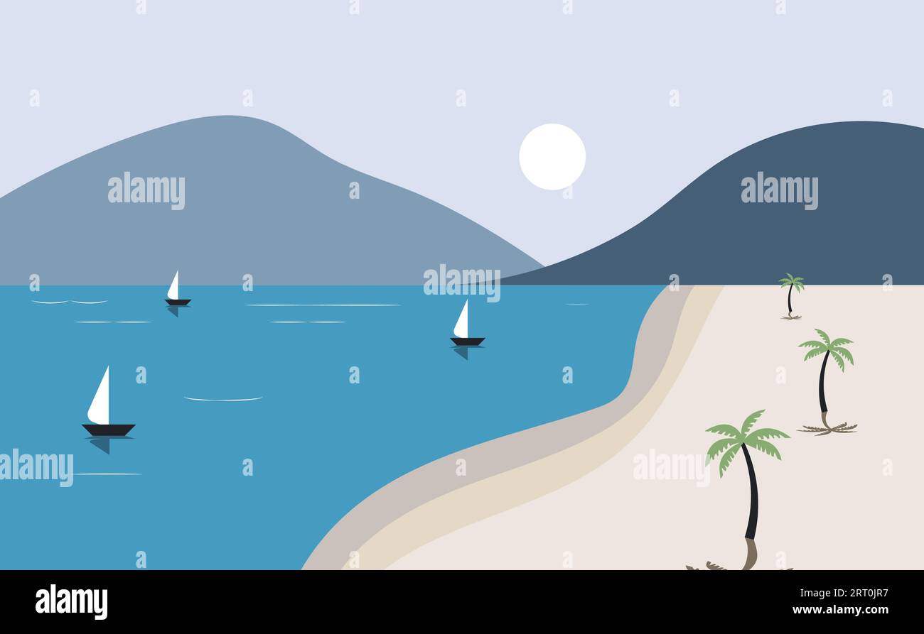 Temps de plaisir d'été détendez-vous paysage de bateau de montagne d'arbre de plage voyage dans la mer Illustration de Vecteur