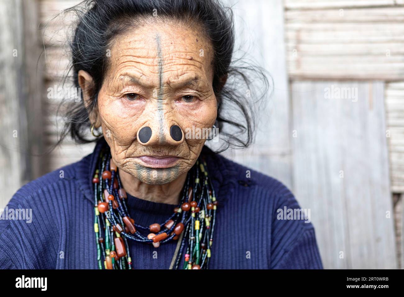 Femme de la tribu apatani dans une maison d'un petit village près de Ziro, avec des tatouages faciaux traditionnels et des bouchons de nez traditionnels, Ziro, Inde Banque D'Images