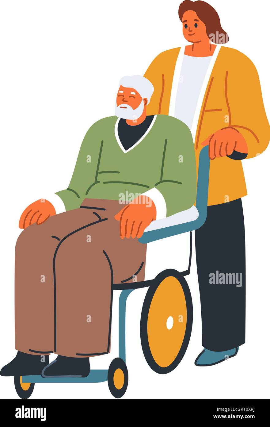 Infirmière soignant le grand-père en fauteuil roulant, femme isolée aidant la personne âgée à vieillir avec la vie quotidienne. Soins de santé, cliniques ou personnel hospitalier looki Illustration de Vecteur
