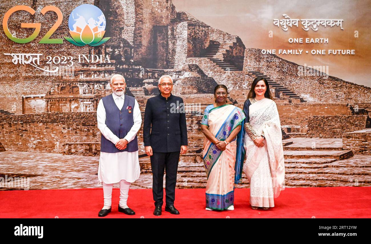 New Delhi, Inde. 10 septembre 2023. Au cours du sommet du G20, le président indien Droupadi Murmu a organisé un dîner à tous les participants à Bharat Mandapam, New Delhi. Le président et le Premier ministre de l'Inde ont reçu tous les participants au G20. Maurice/Premier ministre Pravind Jugnauth au dîner crédit : Seshadri SUKUMAR/Alamy Live News Banque D'Images