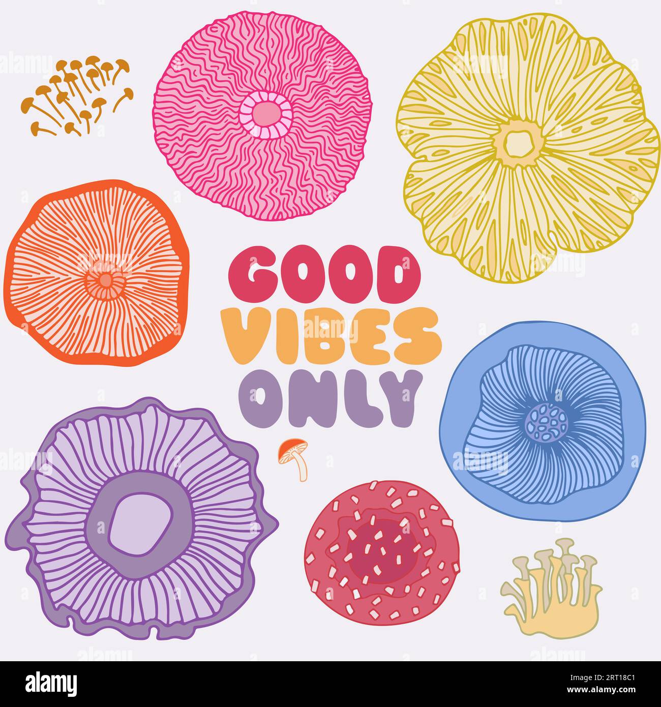 Good Vibes seulement la conception typographique dessinée à la main de style doodle avec des champignons. Illustration de Vecteur