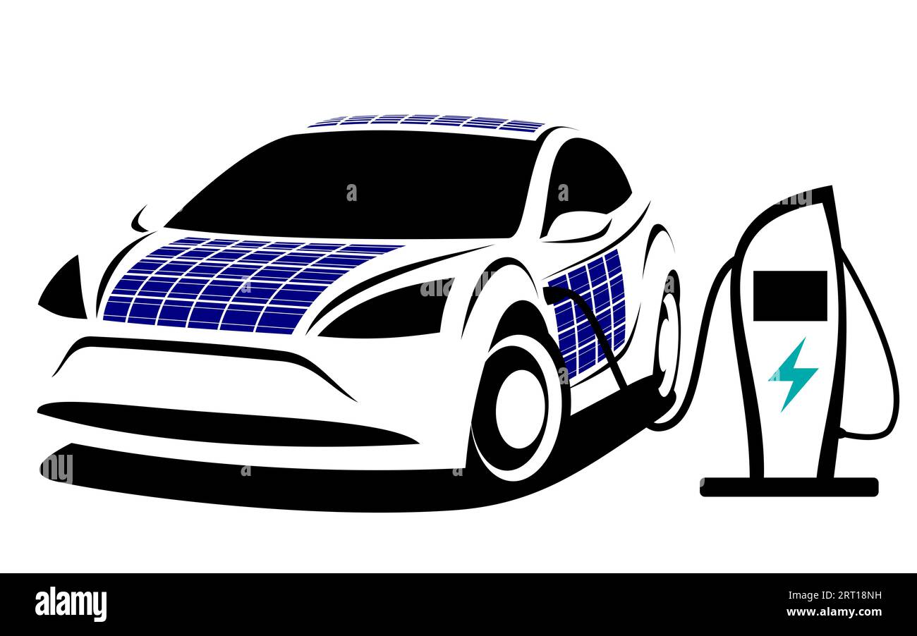 Illustration vectorielle d'une voiture électrique enfichable moderne avec un design aérodynamique sportif et des panneaux solaires qui est chargé sur un point de recharge spécial Banque D'Images