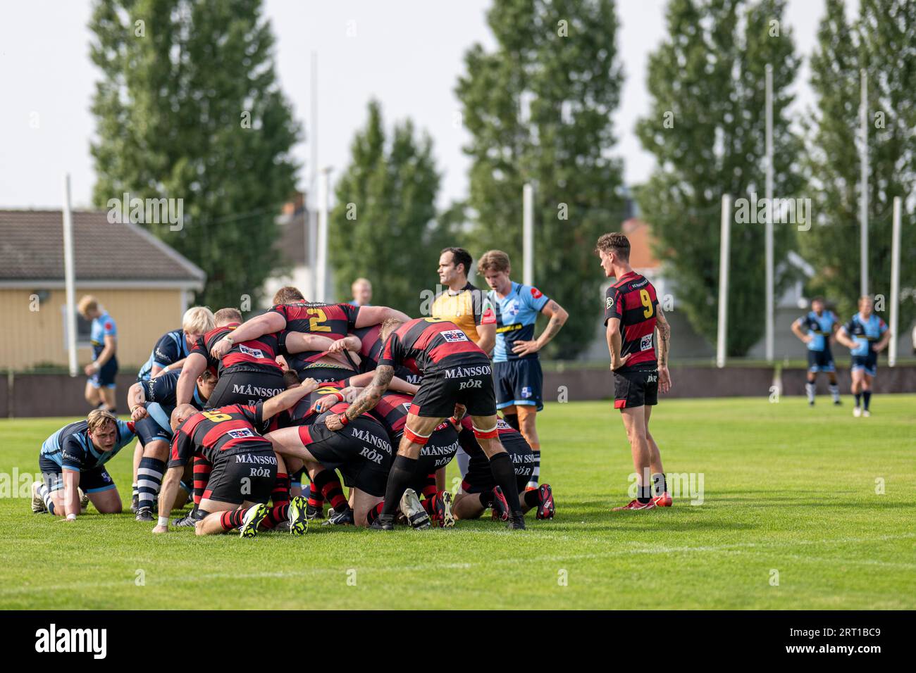Match de rugby entre NRK Trojan (noir-rouge) et Värnamo Rugby Club à Norrkoping à Bollspelaren Arena le 9 septembre 2023 Banque D'Images