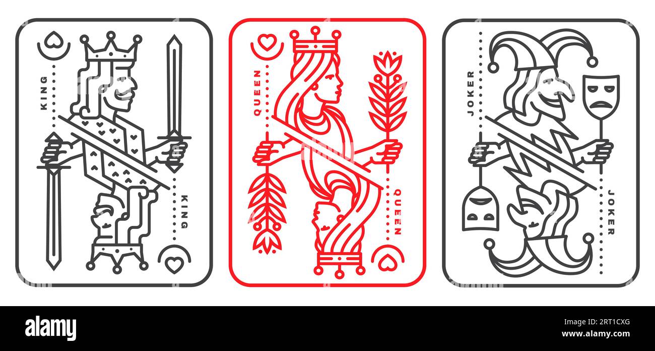 Ensemble de cartes à jouer joker, reine, valet. Illustration vectorielle. Esotérique, magique Royal jouant joker, reine, collection de conception de jack. Dessin au trait minimaliste Illustration de Vecteur