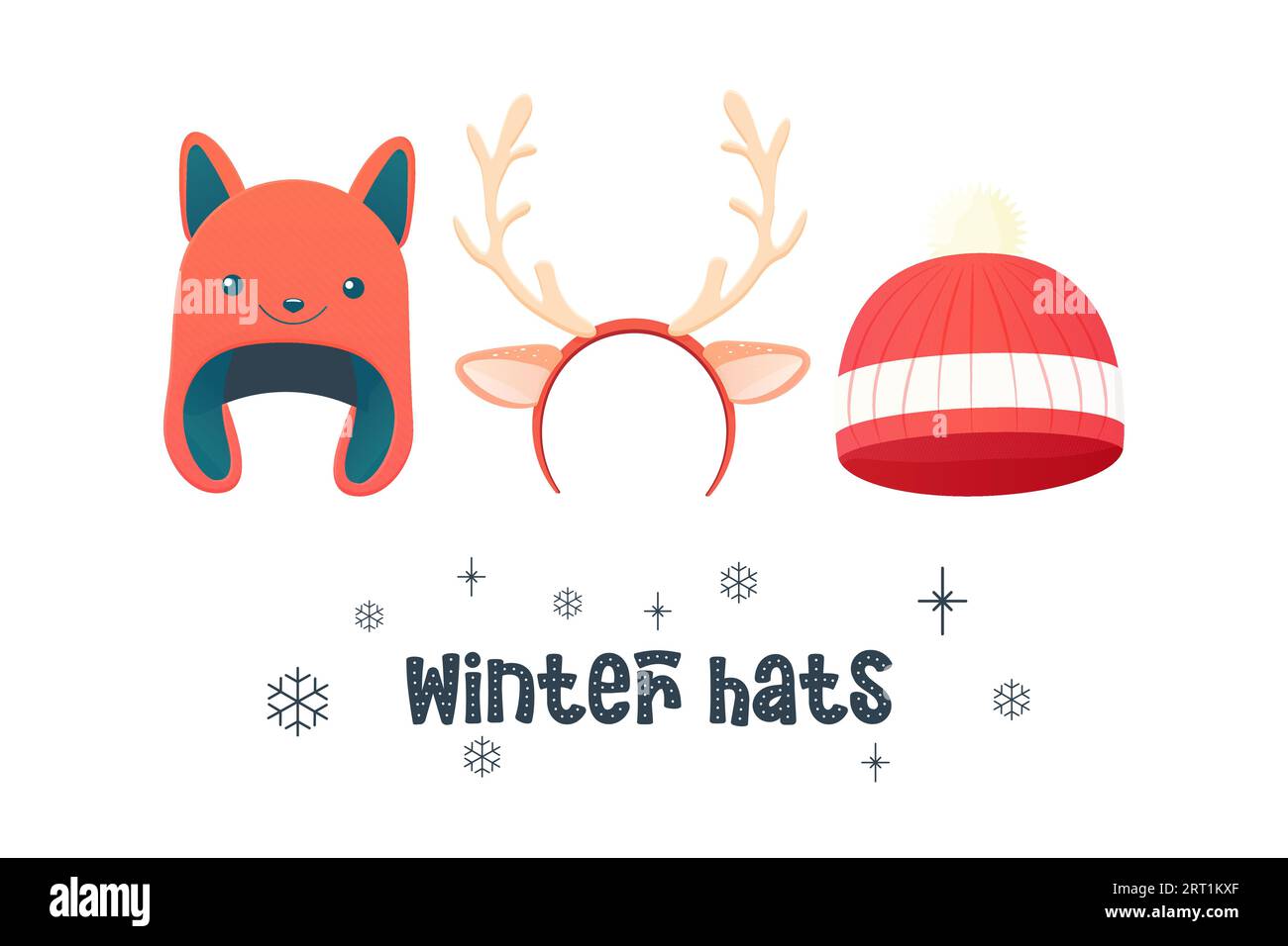 Chapeaux d'hiver, accessoires cornes, chapeaux en forme de renard, enfants. illustration vectorielle Illustration de Vecteur