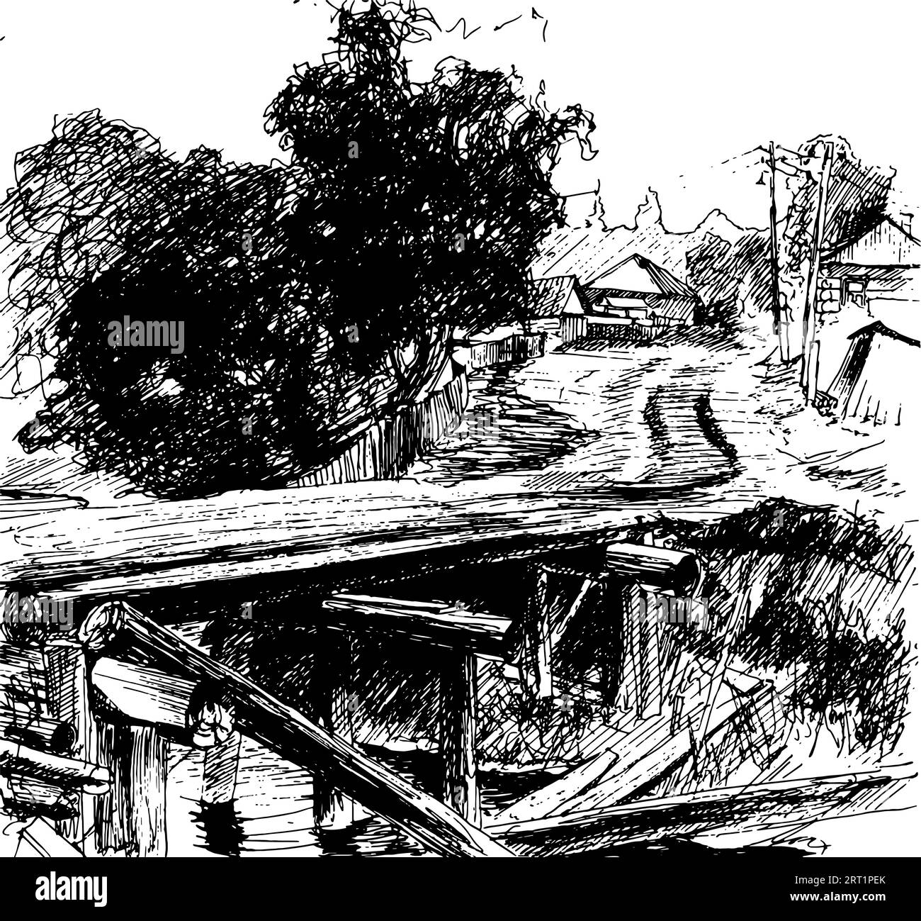 Paysage rural avec maison en bois, dessiné à la main et converti en illustration vectorielle. Illustration de Vecteur