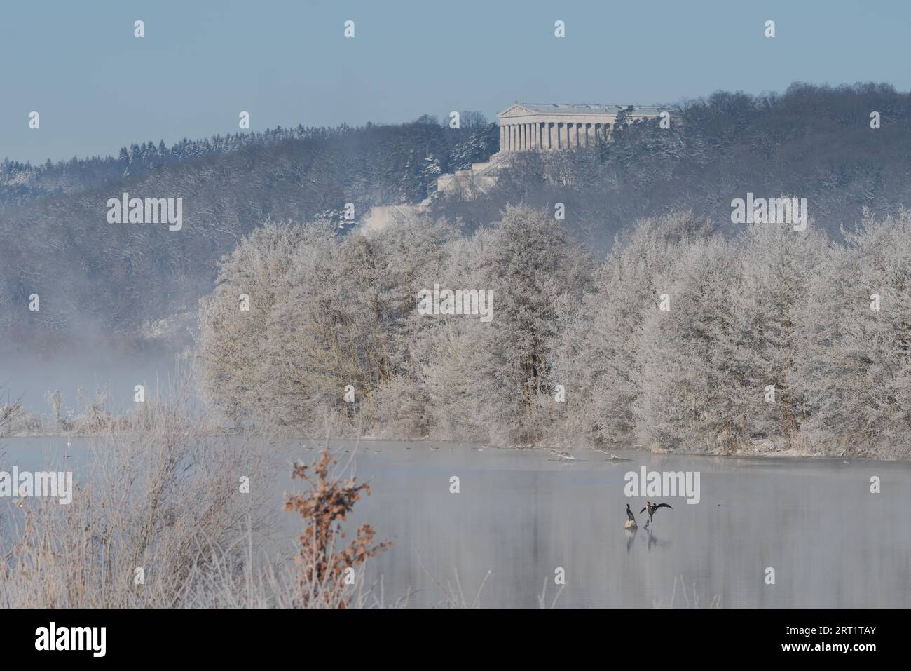 Mémorial Walhalla à Donaustauf près de Regensburg et des oiseaux de mer Danube sur clair froid hiver jour avec le soleil et neige Banque D'Images