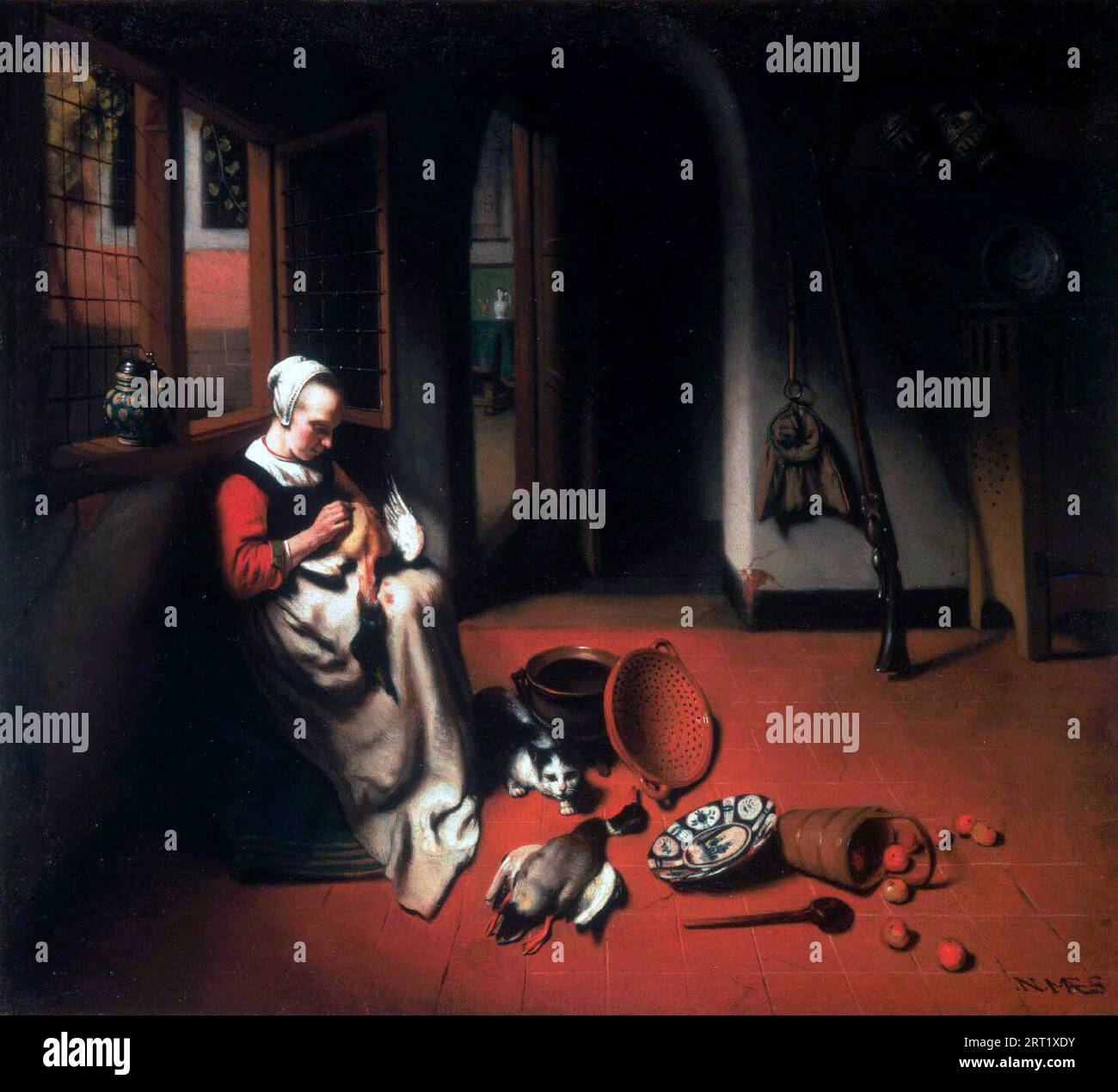 Femme arrachant un canard - Nicolaes Maes, vers 1655 Banque D'Images