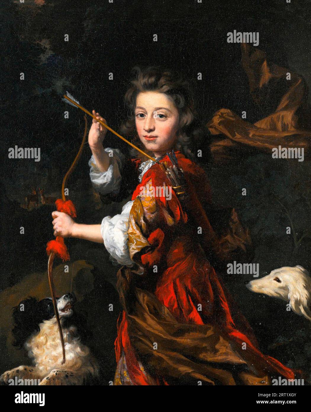 Portrait d'un jeune noble avec deux chiens dans un paysage boisé - Nicolaes Maes, vers 1680 Banque D'Images