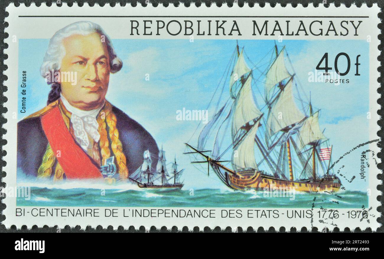 Timbre-poste annulé imprimé par Madagascar, qui montre le comte de Grasse ; frégate française 'Randolph' , bicentenaire de l'indépendance des Etats-Unis, vers 1976 Banque D'Images