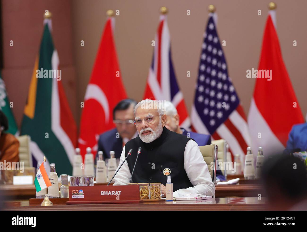 New Delhi, Inde. 10 septembre 2023. Le premier ministre indien Narendra Modi assiste à la séance de clôture du Sommet des dirigeants du G20 à New Delhi, en Inde, le 10 septembre 2023. Photo du Bureau d'information de presse (PIB)/ crédit : UPI/Alamy Live News Banque D'Images