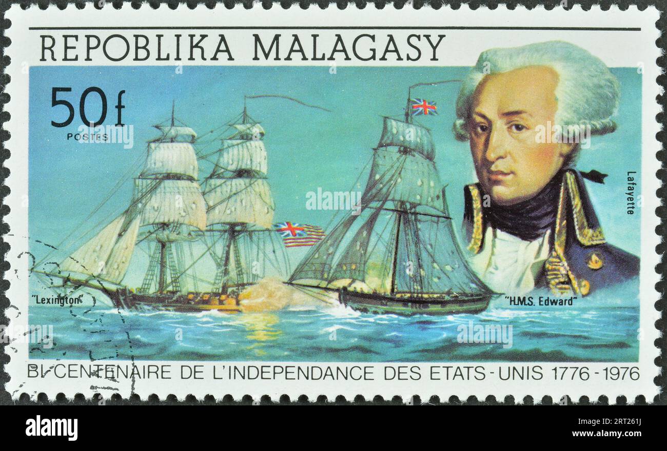 Timbre-poste annulé imprimé par Madagascar, qui montre Lafayette ; brigadier américain 'Lexington' , bicentenaire de l'indépendance des Etats-Unis, vers 1976. Banque D'Images