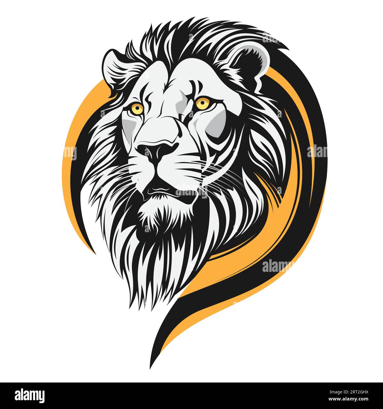 Lion noir et blanc avec des yeux jaunes illustration vectorielle. Tête de lion isolée avec un cercle jaune sur fond blanc Illustration de Vecteur