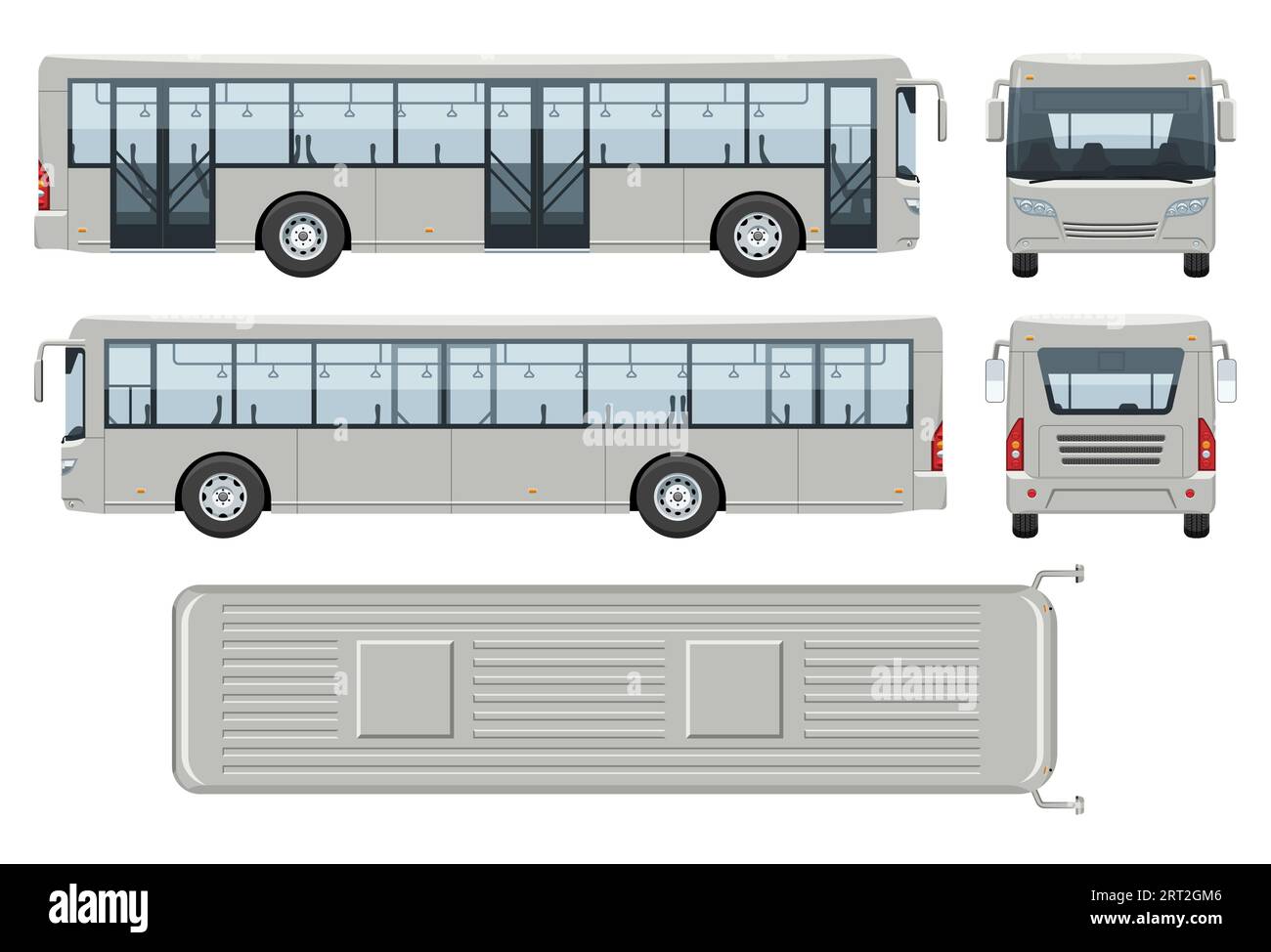 Modèle vectoriel de bus navette avec des couleurs simples sans dégradés et effets. Vue de côté, de face, de dos et de dessus Illustration de Vecteur
