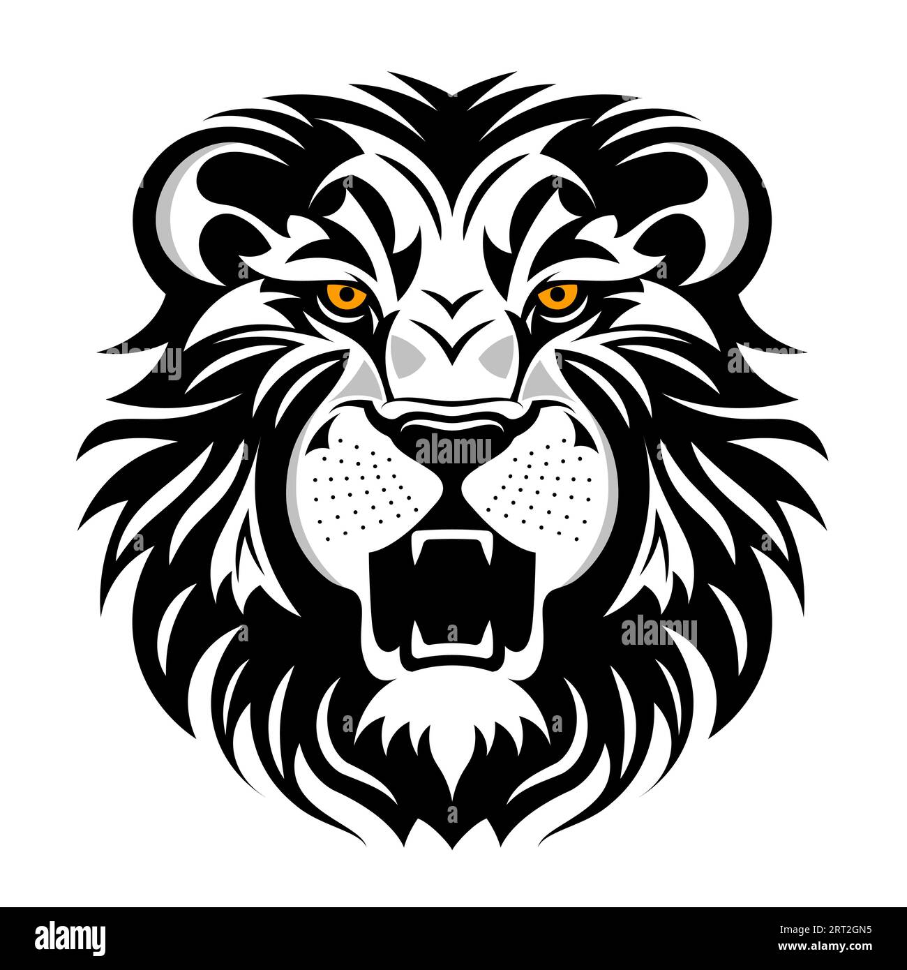 Lion rugissant noir et blanc avec l'illustration vectorielle des yeux jaunes. Tête isolée de lions sur fond blanc Illustration de Vecteur