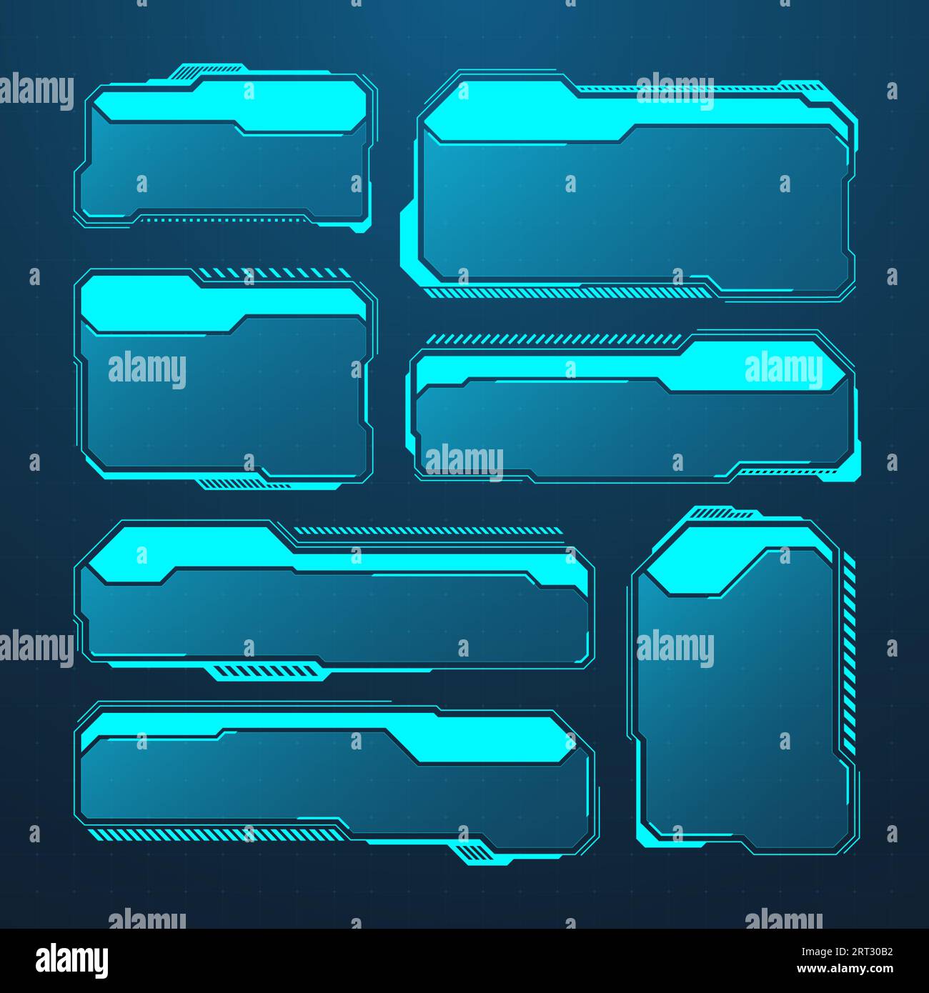Éléments HUD ou UI futuristes bleus. Zones de texte et légendes de l'interface utilisateur SCI-fi. Cadres de message d'avertissement, modèle de zones d'information. Jeu moderne Illustration de Vecteur