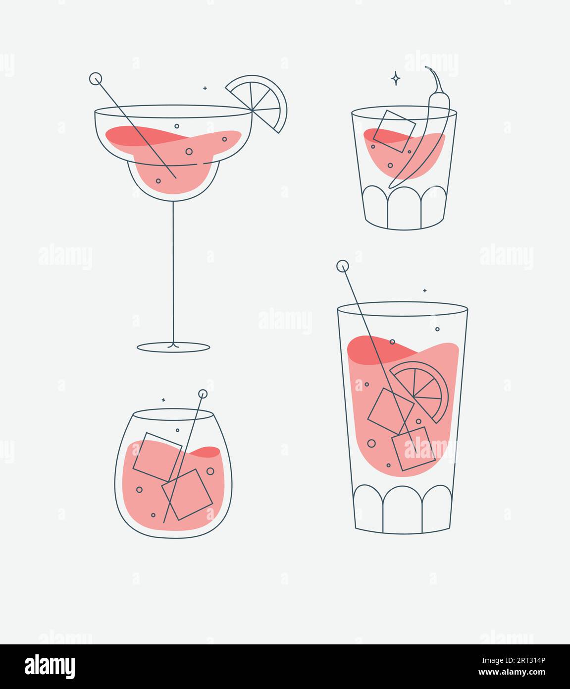 Verres à cocktail margarita whisky long Island dessin Old fashioned dans un style de ligne plate Illustration de Vecteur