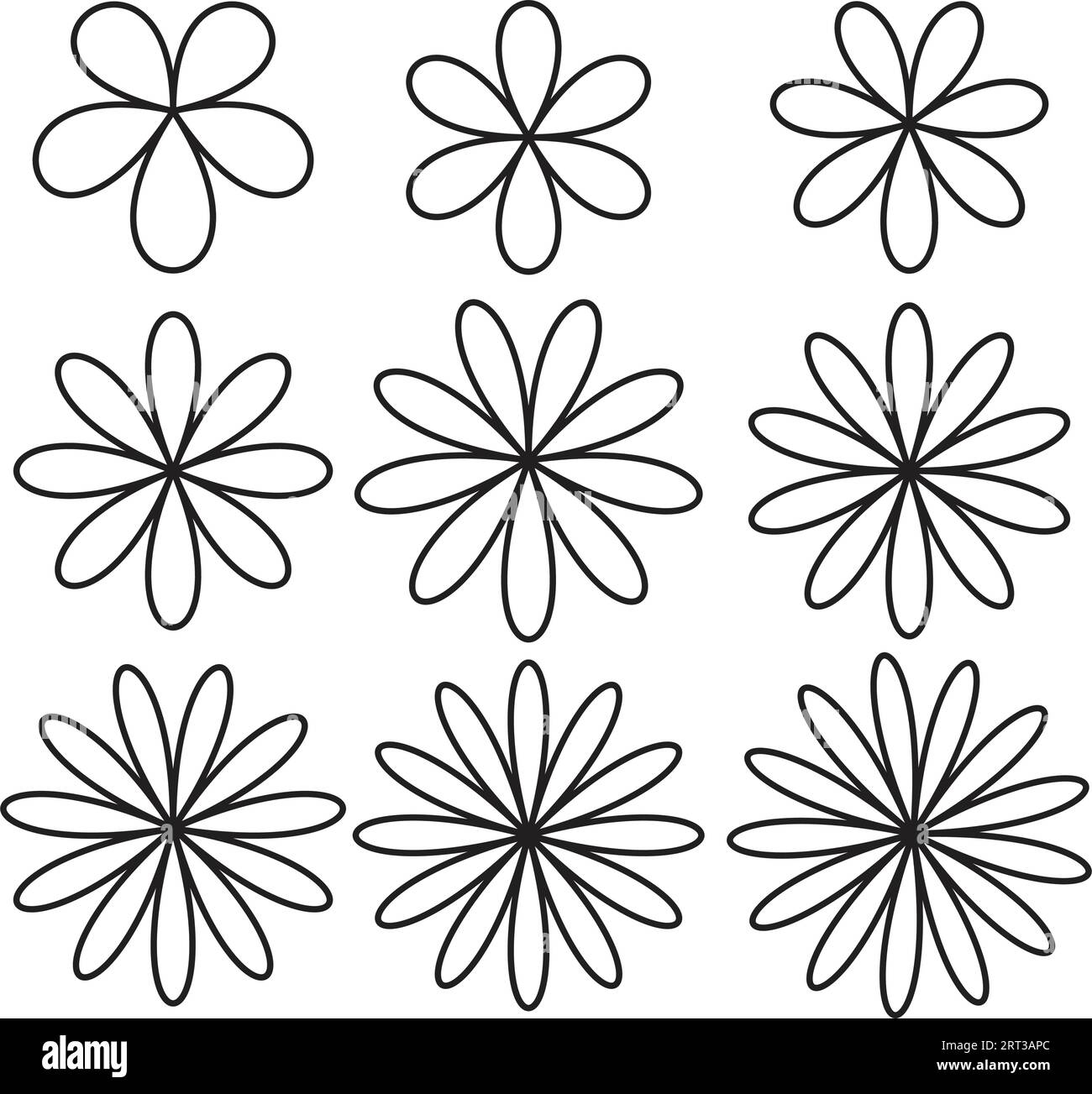 Ensemble de petites fleurs avec des illustrations botaniques vectorielles de contour noir. Une collection inspirée Flores (fleurs), sticker dessin animé, design pour tatouage Illustration de Vecteur