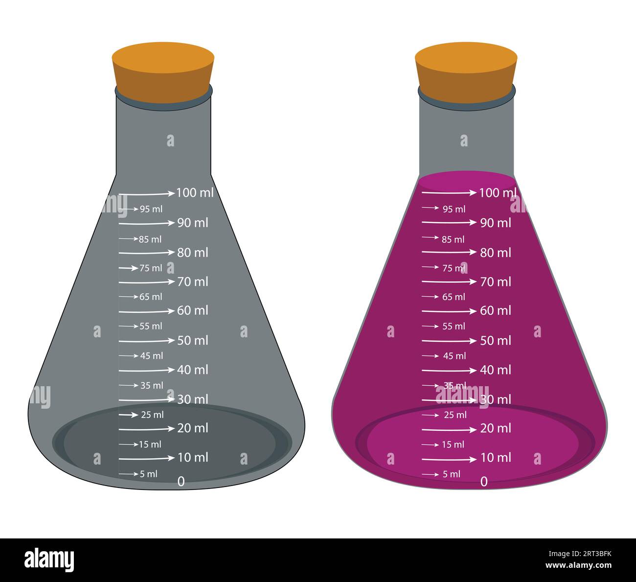 Fioles jaugées en verre pour produits chimiques de laboratoire. avec des liquides colorés dans un ensemble d'illustrations vectorielles. Verrerie de laboratoire et récipients contenant des produits chimiques. Illustration de Vecteur
