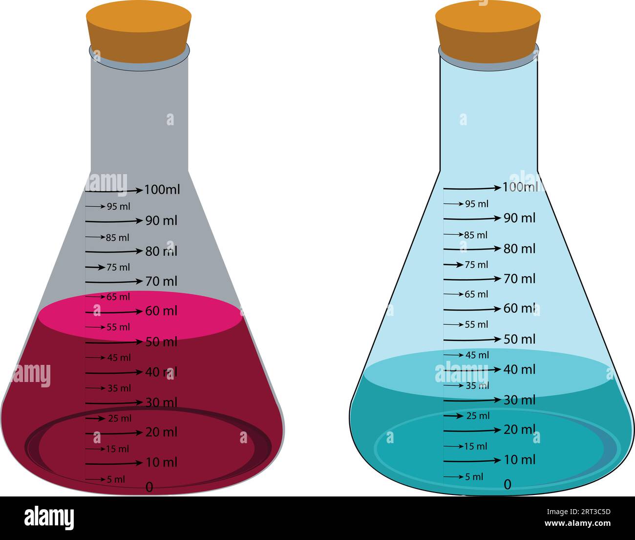 Fioles jaugées en verre pour produits chimiques de laboratoire. avec des liquides colorés dans un ensemble d'illustrations vectorielles. Verrerie de laboratoire et récipients contenant des produits chimiques. Illustration de Vecteur