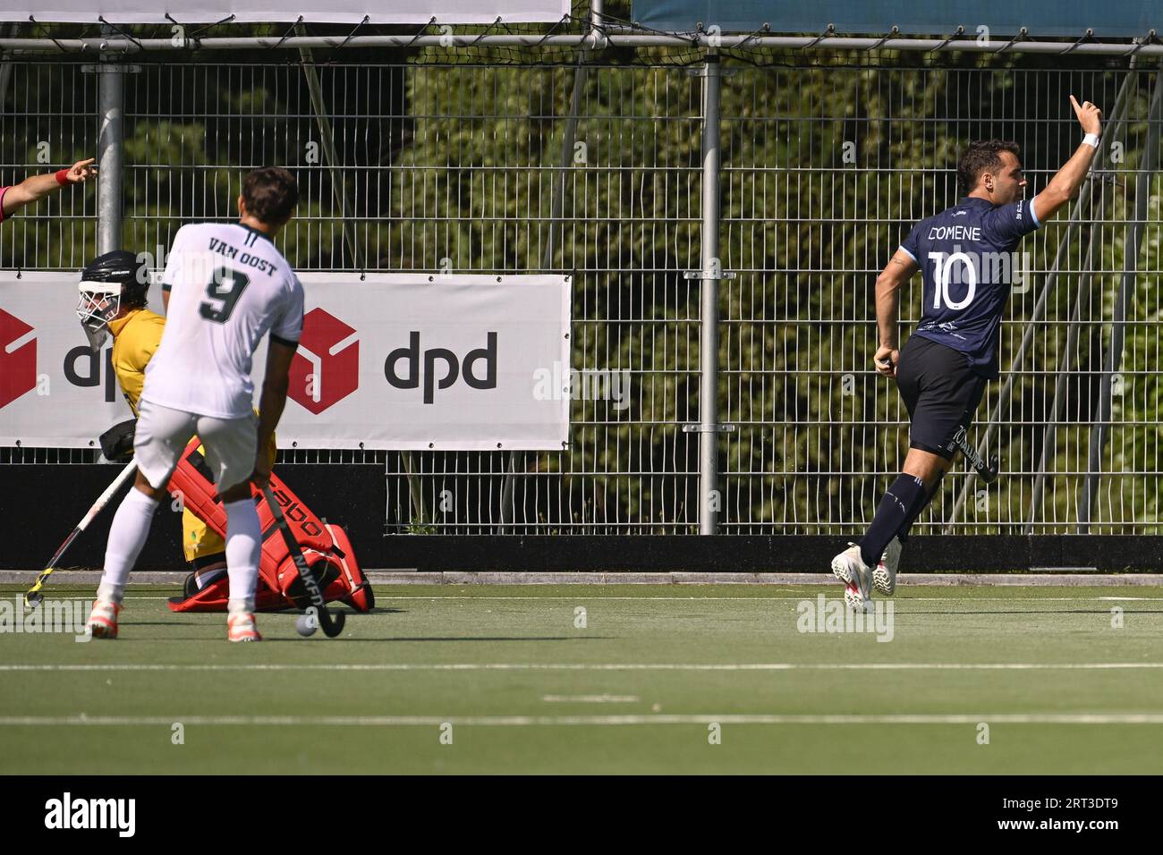 Tomas Domene d'Oree célèbre après avoir marqué lors d'un match de hockey entre Royal Oree HC et WatDucks, dimanche 10 septembre 2023 à Bruxelles, le jour 1 de la saison 2023-2024. BELGA PHOTO LAURIE DIEFFEMBACQ Banque D'Images