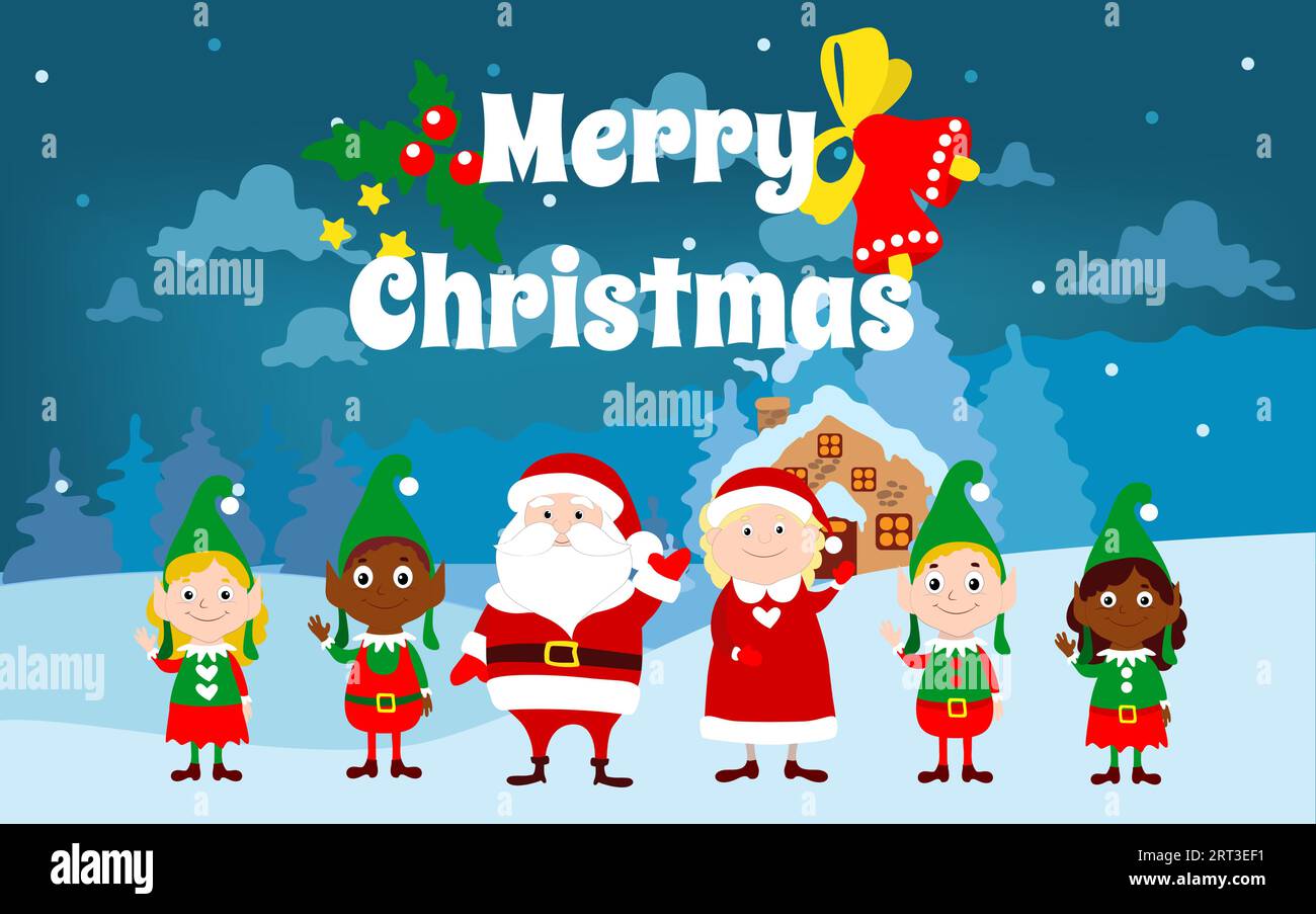 Santa Claus, Mme Santa, elfes africains et afro-américains et européens. Paysage d'hiver de dessin animé de conte de fées et texte Joyeux Noël. Illustration de Vecteur