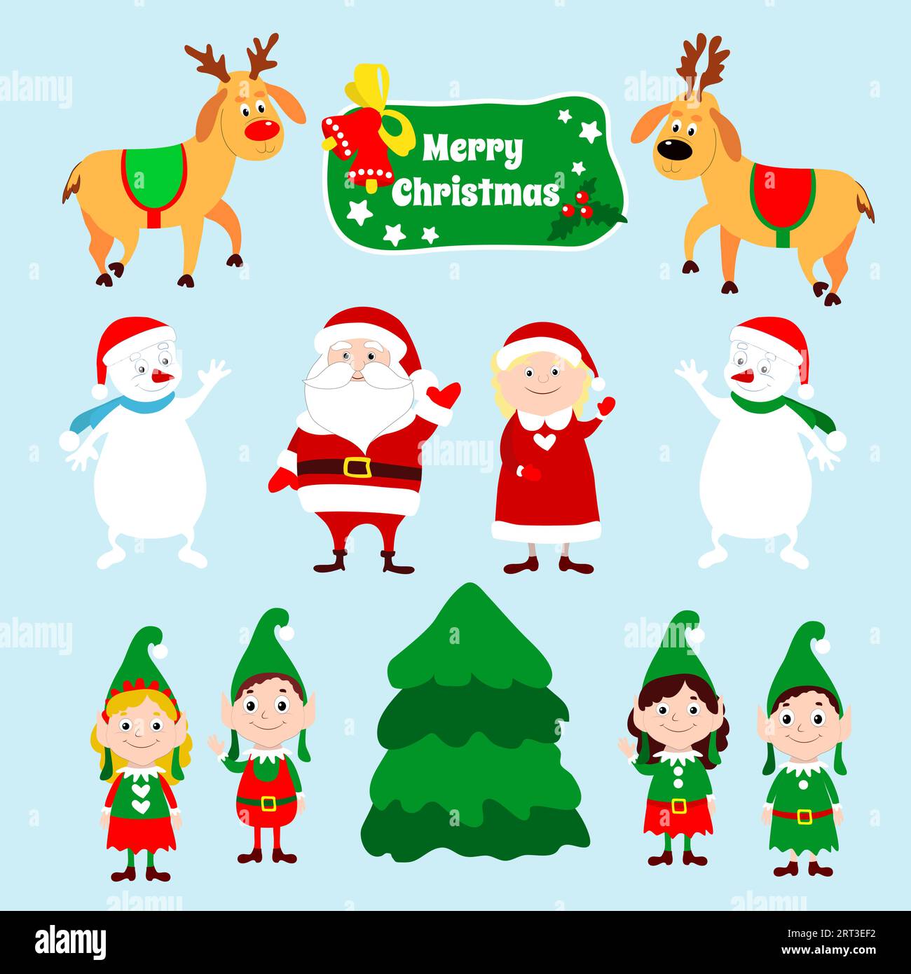Ensemble de personnages de Noël Père Noël, Mme Claus, cerfs, bonhommes de neige et petits elfes. Les personnages de dessins animés hivernaux agitent leurs mains. Illustration de Vecteur