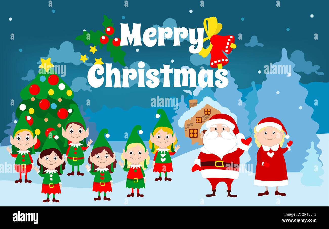 Le Père Noël et Mme le Père Noël, ainsi que les elfes sont debout devant la maison et en faisant signe. Illustration de Vecteur